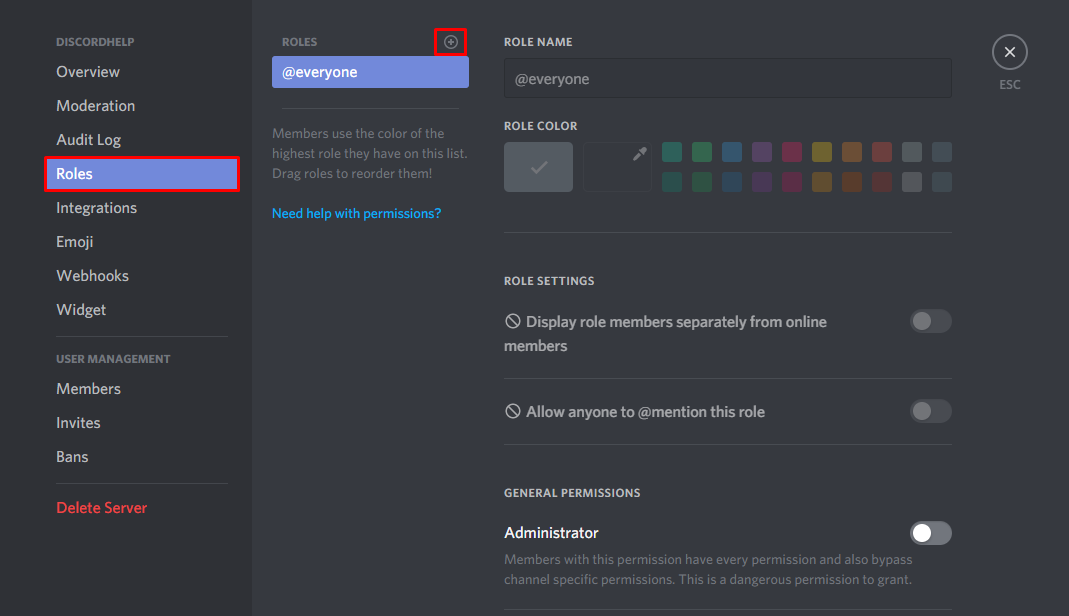 Highlighted are the buttons you must press to add a new role in a Discord server