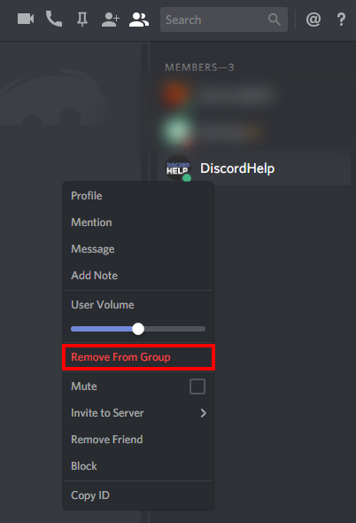 The 'Remove From Group' button in the Discord client