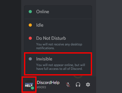 An image highlighting the buttons to click to appear offline in Discord on desktop versions