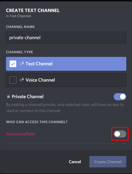 The Discord private channel option