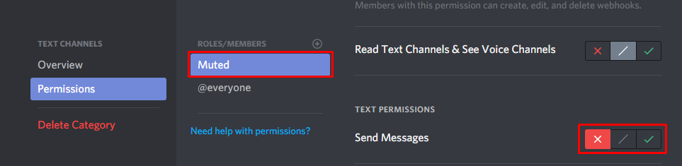 The 'Send Message' permission is disabled for the muted role